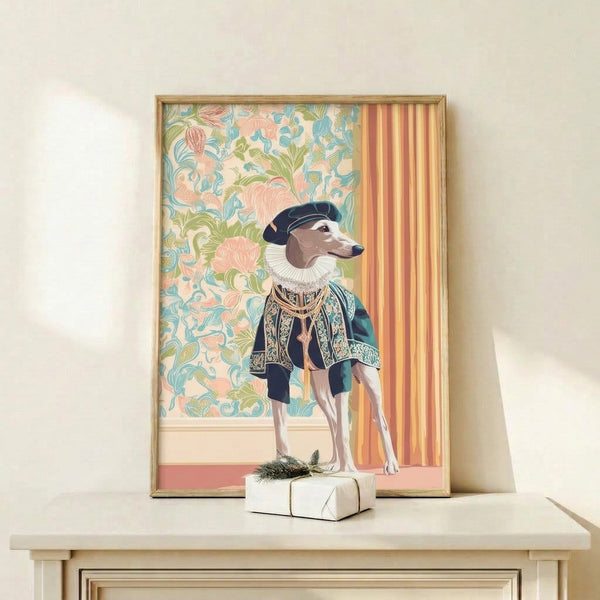 Stylized whippet portrait in modern pop art featuring the elegant dog adorned with a beret and decorative ruff, surrounded by cream and gold tones with sage green and teal elements, displayed as a framed art print.