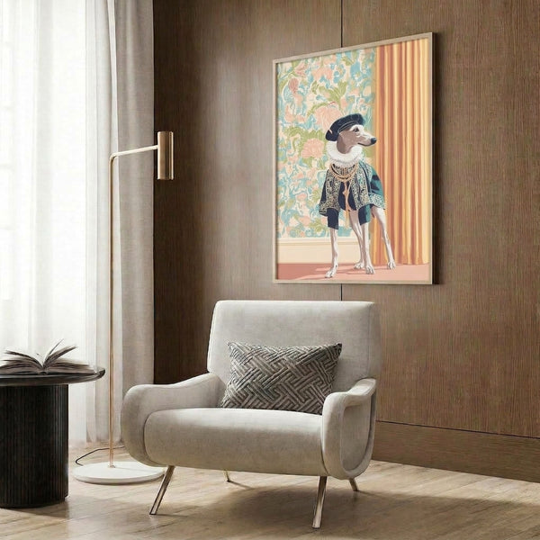 Contemporary pop art whippet portrait showcasing the sophisticated hound dressed in a beret and ornate collar against a minimalist floral wallpaper backdrop in cream, blush pink, and sage green, hung as a framed poster.