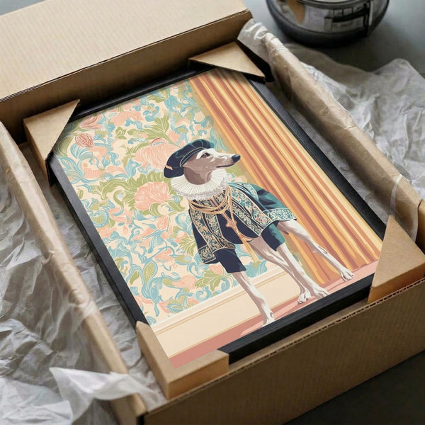 Playful whippet artwork in modern pop art style depicting the dog in aristocratic attire with a beret and ruff collar set before cream and teal wallpaper with warm gold accents, presented as a framed wall art print.