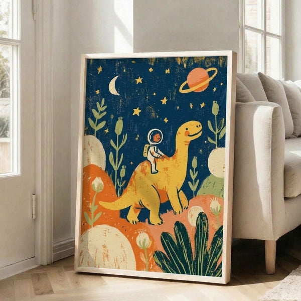Playful boho space-themed art print showing an astronaut on a dinosaur against a dreamy cosmic backdrop with cacti, flowers, and celestial elements in sage green and cream tones.