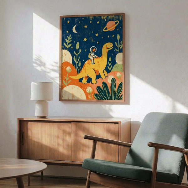 Y2K inspired framed wall art depicting a whimsical scene of an astronaut astride a dinosaur floating through space surrounded by glowing stars and otherworldly flora.