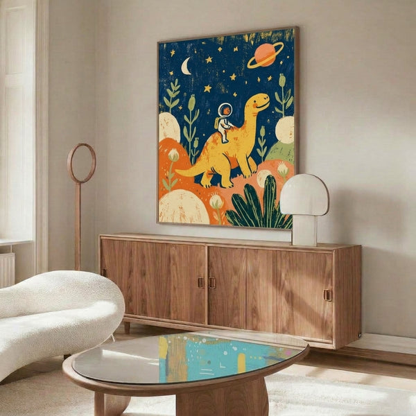 Imaginative retro poster art with an astronaut riding a dinosaur in a fantastical space scene, featuring vibrant warm and cool tones perfect for creative and playful room decor.