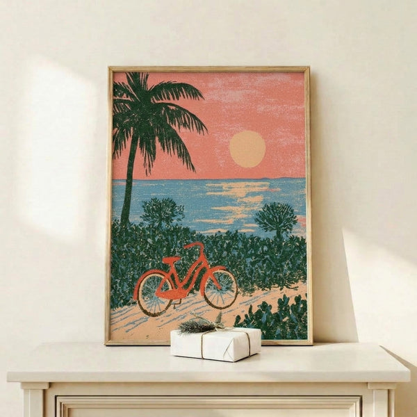 Vintage beach scene poster with a bike, desert cactus, and palm trees silhouetted against a nostalgic golden-yellow sunset over the ocean.
