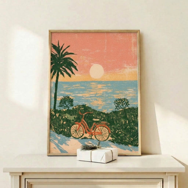 Vintage-style beach scene poster with silhouetted bicycle, swaying palm, and vibrant golden-yellow sun reflecting on calm teal waters in nostalgic retro palette.