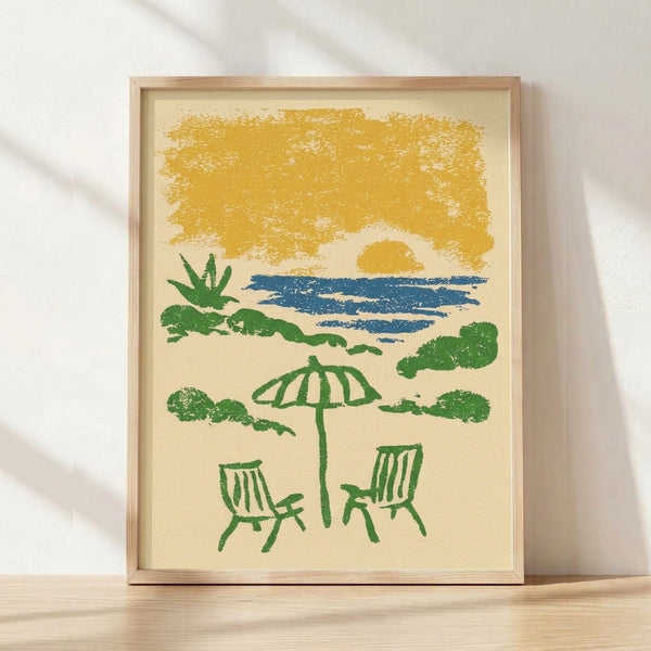 Retro minimalist beach scene with golden sunset, forest green palm trees, and striped beach chairs by the ocean under a cream sky, framed on a wall.