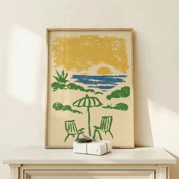 Vintage-style poster featuring a peaceful beach landscape with slate blue water, golden yellow sun, and relaxed summer atmosphere in muted retro colors.