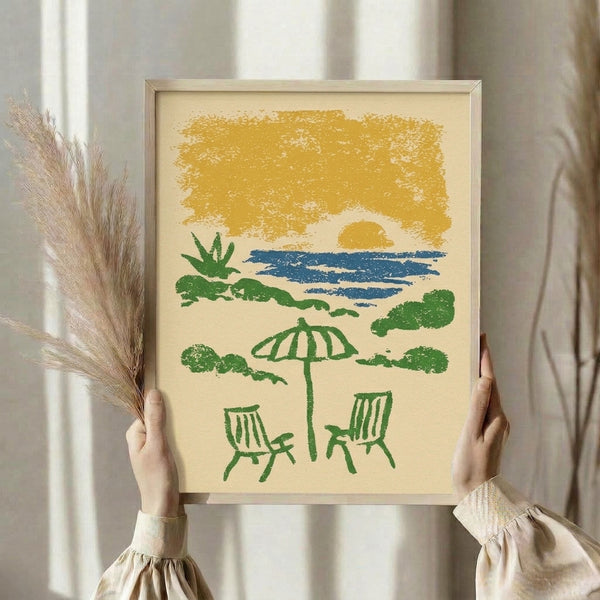 Minimalist beach print with nostalgic retro aesthetic showing an umbrella, lounge chairs, and palm silhouettes against a warm golden sunset and forest green accents.