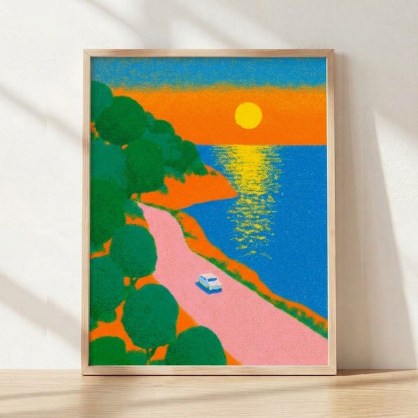 Retro pop art poster featuring a vintage car driving along a coastal road at sunset, with pink and orange skies over blue ocean and green palms, evoking nostalgic beach vibes.
