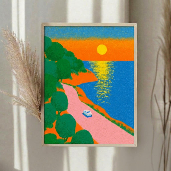 Nostalgic coastal scene poster in retro pop art style showing a vintage automobile on a beachside drive beneath a warm sunset sky with ocean and tropical foliage.