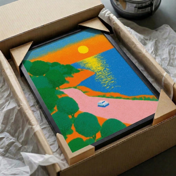 Cheerful retro car travel poster in pop art style depicting an optimistic coastal sunset drive with vivid pink, orange, and blue tones, ocean views, and palm trees.