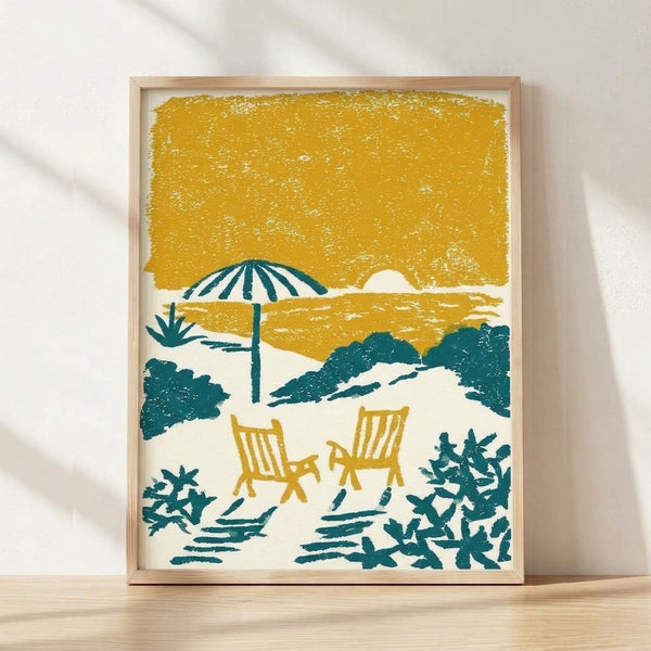 Retro minimalist beach scene with a golden umbrella, lounge chairs, and tropical plants under warm sunset tones of mustard and teal, framed poster on wall.