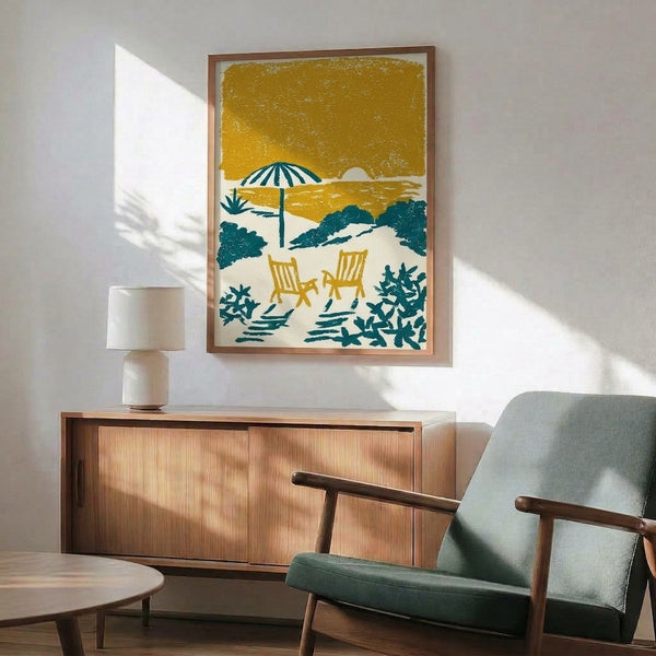 Minimalist retro beach poster with golden umbrella, ocean views, and warm color palette of mustard, teal, and cream suggesting a tranquil coastal escape.