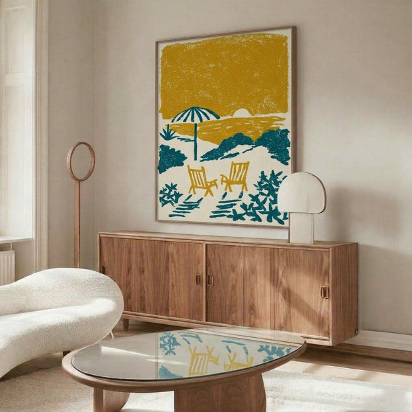 Warm vintage beach illustration in mustard and teal tones showing an umbrella and seaside setting, framed as relaxing coastal wall art.