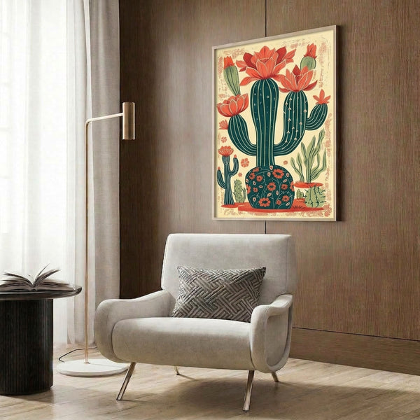 Whimsical botanical art print featuring flowering desert cacti in warm coral and teal tones with cream accents, displaying retro boho charm in a framed wall display.