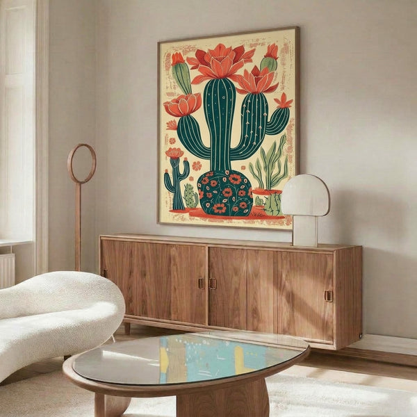 Warm-toned desert plant illustration with vibrant coral blooms and dark teal-green cacti in a retro botanical style, matted and framed as wall art.