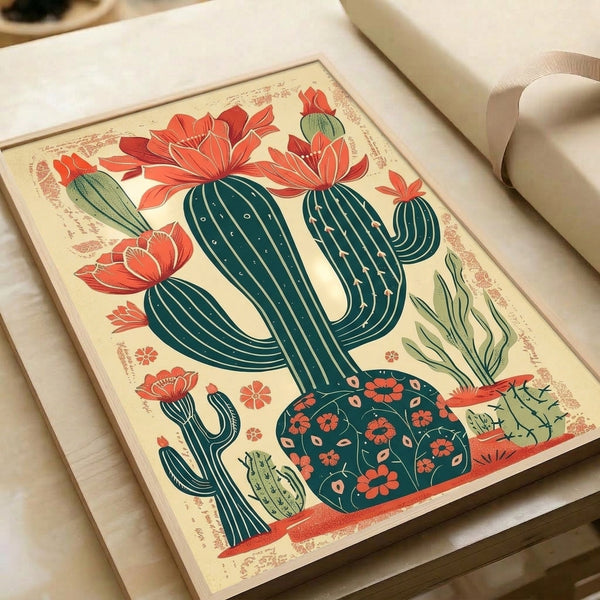 Framed poster showcasing a stylized desert cactus garden with cream, sage green, and coral red florals in a playful retro aesthetic.