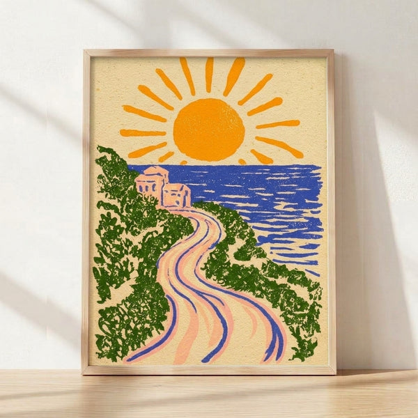 Retro minimalist coastal landscape poster featuring a golden sun over a navy ocean, cream sand path, and forest green trees with a coral-peach building, evoking nostalgic optimism and peaceful seaside charm.