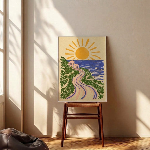 Minimalist retro poster art showcasing a radiant golden sun, navy blue ocean horizon, cream-colored coastal road, and forest green foliage with coral architectural details, capturing peaceful nostalgia.