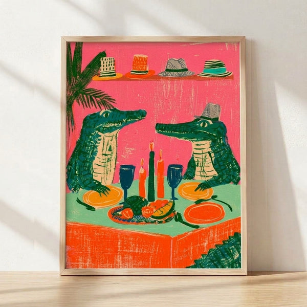 Retro boho folk art poster featuring whimsical alligators wearing party hats gathered around a festive dinner table with wine glasses, tropical fruit, and candlelight in vibrant hot pink, forest green, coral, and teal.