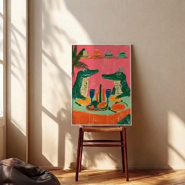 Festive boho wall art depicting alligators at a whimsical dinner party adorned in hats, surrounded by wine, tropical palms, and colorful fruit in warm coral, teal, and cream tones.