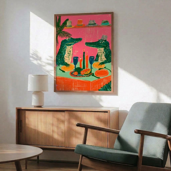 Playful folk art poster of crocodiles enjoying a celebratory feast with party hats, wine glasses, and tropical elements in a retro boho style palette of hot pink, forest green, and coral orange.