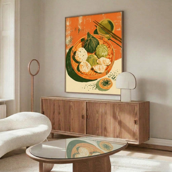 Nostalgic chinoiserie-inspired art print depicting dim sum fare with dumplings, chopsticks, and sauce in soft vintage tones of cream, warm orange, and muted olive green.