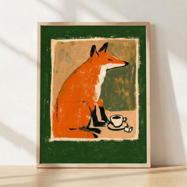 Retro folk art poster of a bright orange fox holding a steaming coffee cup, rendered in minimalist style with forest green and cream accents against a warm background.