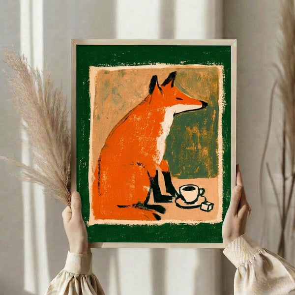Whimsical framed art print featuring a quirky fox clutching a tea cup in cozy retro folk aesthetic with vibrant orange, forest green, and black on cream.