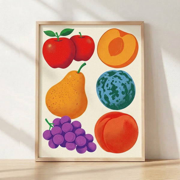 Retro fruit kitchen chart featuring illustrated apple, pear, peach, grapes, and plum in warm red, orange, purple, and green tones on cream background, framed as wall art.