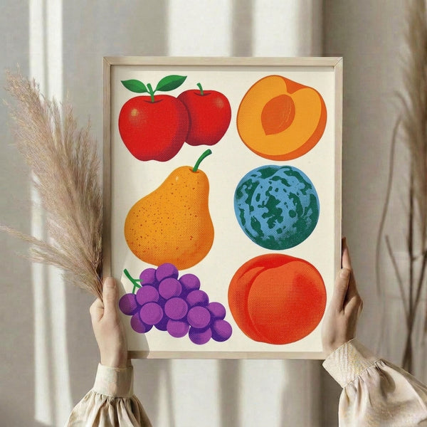 Minimalist vintage-style botanical poster displaying five colorful fruits in a cheerful, educational design with retro folk art aesthetic.