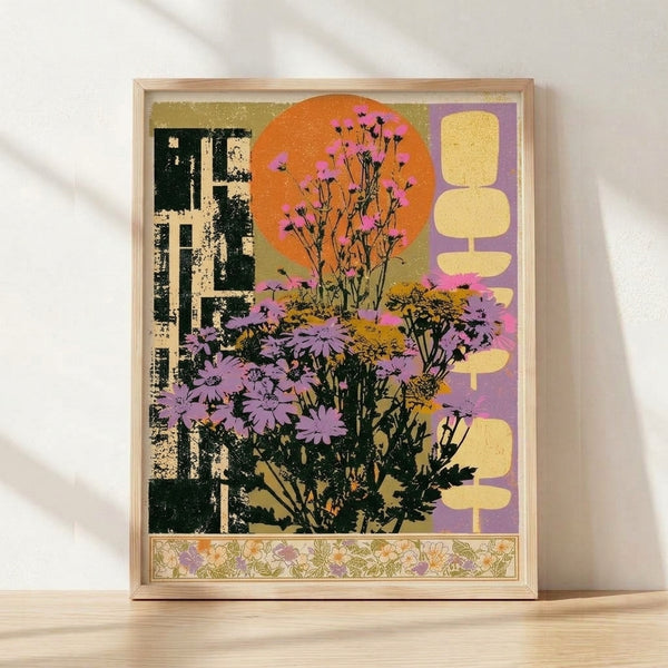 Retro art nouveau wildflower collage poster with orange sun, purple blooms, and olive green foliage arranged with a vintage building window, framed on wall in cream and black tones.