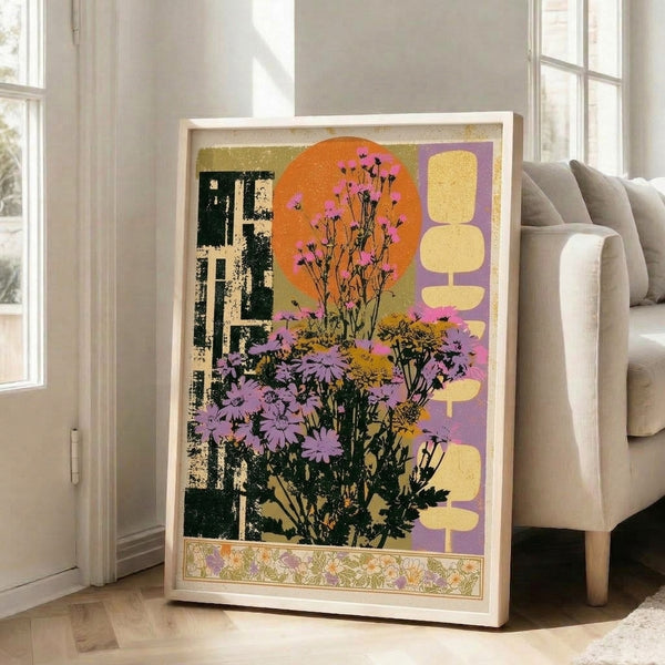 Vintage botanical wall art featuring nostalgic retro sun motif surrounded by colorful wildflowers and leaves in purple, orange, and green hues with art nouveau styling.