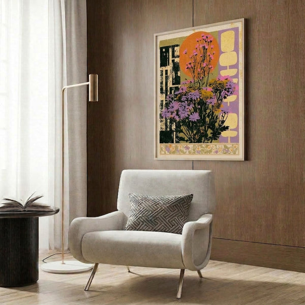 Boho wildflower poster in retro art deco style showing vibrant purple and orange blossoms, sun rays, and architectural elements against cream background, framed wall art.