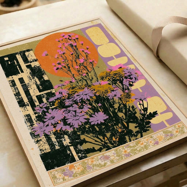 Art nouveau inspired wildflower print with nostalgic retro palette of orange, purple, olive, and black depicting urban nature scene with sun and botanical elements.
