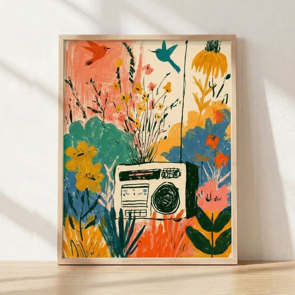 Whimsical boho art print featuring a vintage boombox surrounded by vibrant wildflowers, hummingbirds, and lush plants in coral, teal, golden yellow, and forest green tones on a cream background.