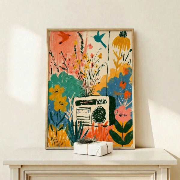 Retro-inspired poster with a playful domestic scene: a boombox nestled in a colorful flower garden with hovering hummingbirds and botanical elements in warm and cool jewel tones.