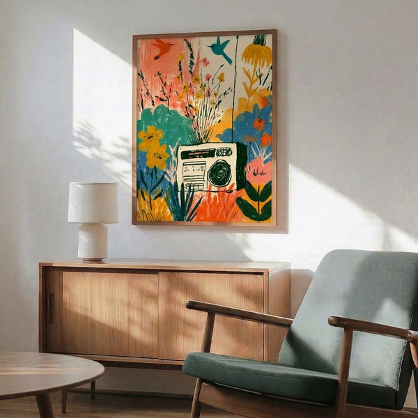 Modern boho wall art depicting a cheerful garden composition with a retro boombox, blooming wildflowers, hummingbirds, and greenery in a palette of coral, teal, yellow, and cream.