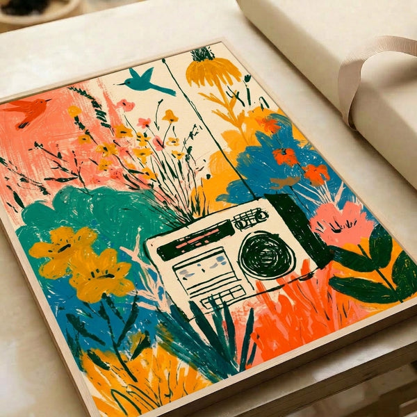 Framed poster showcasing a whimsical boombox garden with dancing hummingbirds, abundant flowers, and plants in vibrant boho colors including golden yellow, forest green, teal, and coral accents.