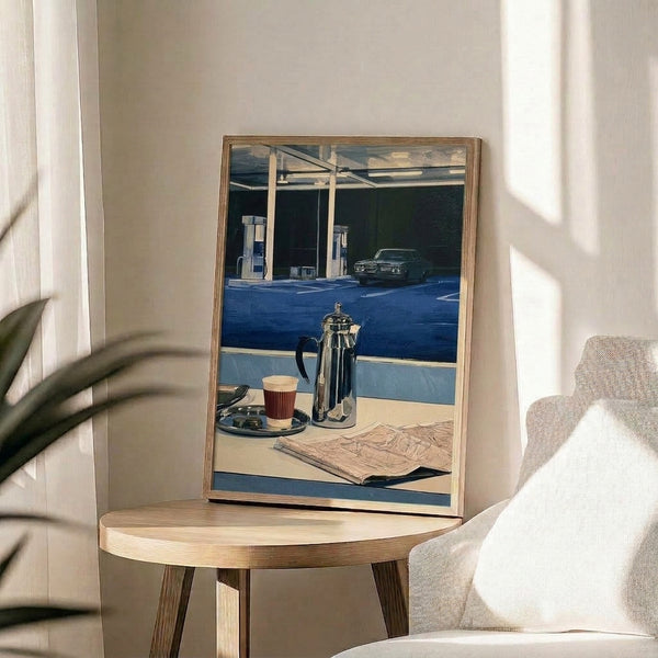 Contemplative vintage poster featuring a classic gas station, parked automobile, steaming coffee pot, and morning newspaper in muted blues, greens, and burgundy hues.