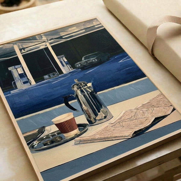 Modern retro poster art combining vintage gas station imagery, classic car, coffee cup, and newspaper in deep blue, metallic silver, and burgundy tones; wall-mounted print.
