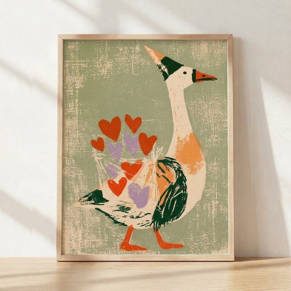 Whimsical folk art poster of a playful goose holding a bouquet of hearts in sage green, cream, and warm red-orange tones with a nostalgic, retro aesthetic.