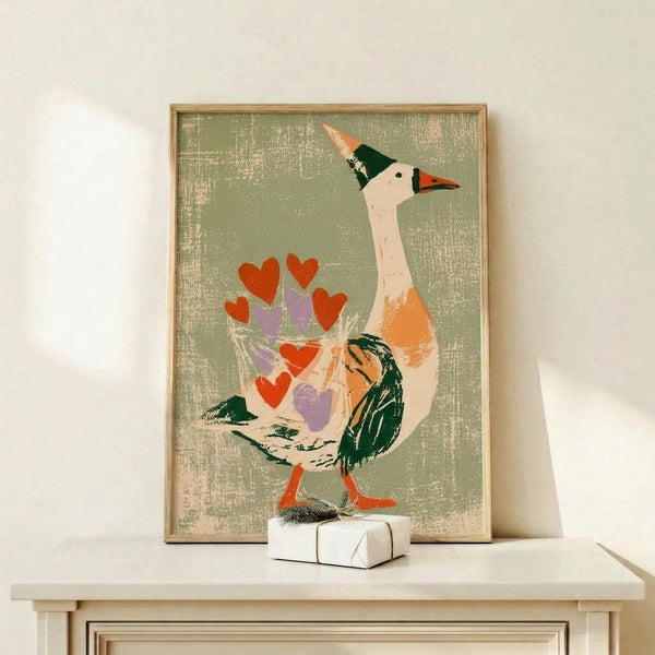 Retro-style minimalist art print featuring a silly goose character with a heart-shaped flower bouquet in muted sage green and lavender hues, evoking a playful, nostalgic mood.