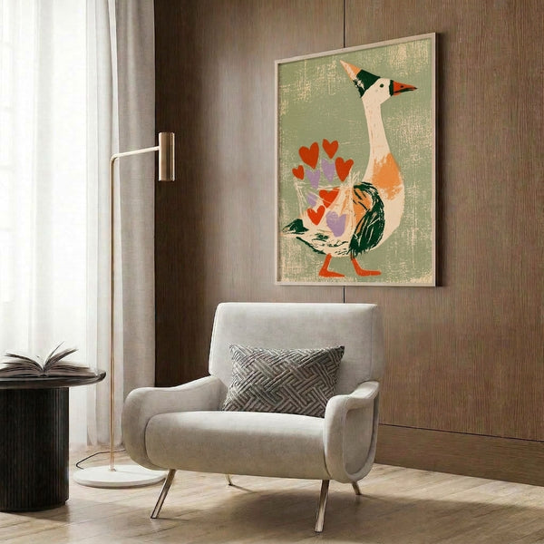 Folk art wall decor showcasing a charming goose clutching colorful hearts against a cream background with sage and dark green accents, blending whimsy with vintage appeal.