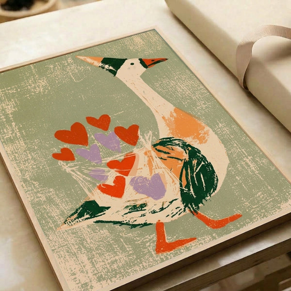 Playful bird art print in retro folk style depicting a cheerful goose with a heart bouquet, rendered in sage green, cream, and soft lavender tones with nostalgic charm.