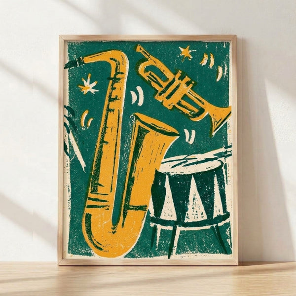 Retro linocut art print featuring a playful jazz quartet with saxophone, trumpet, and drums surrounded by stars and a crescent moon, rendered in dark teal, golden yellow, and cream on a framed wall poster.