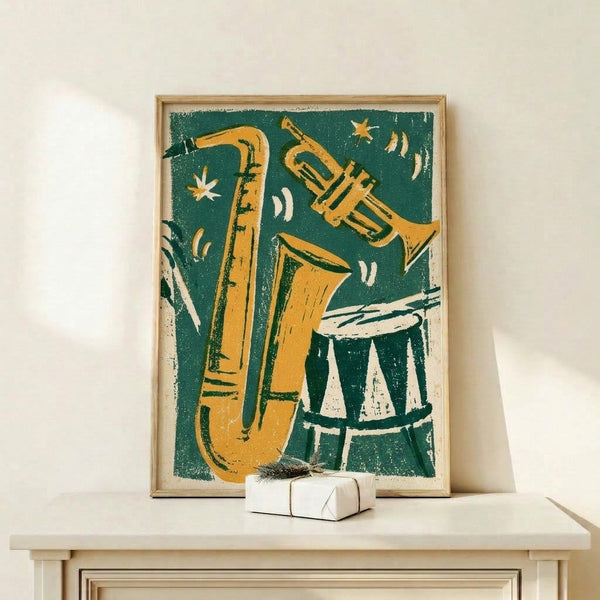 Vintage-style framed print of a celebratory jazz ensemble with musical instruments and celestial elements in charcoal, teal, and warm gold tones, evoking mid-century swing aesthetics.