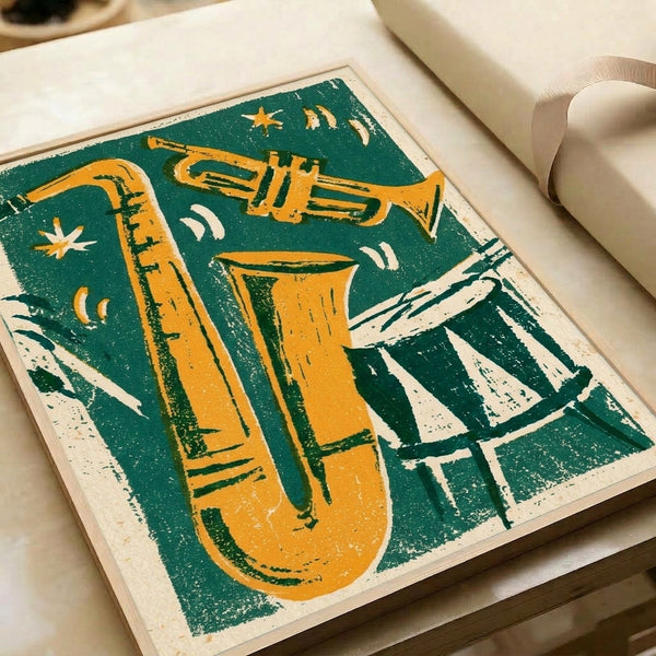 Dark teal and golden yellow linocut poster depicting four jazz musicians with saxophones, trumpets, and drums beneath a starry night sky, displayed as framed wall art with a retro aesthetic.