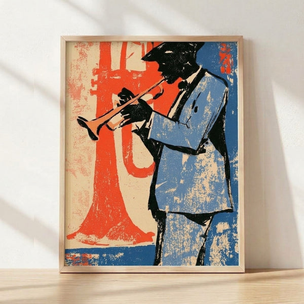 Retro pop art silkscreen of a jazz trumpeter in bold cobalt blue, red-orange, and cream tones, framed poster with energetic Bauhaus-inspired design.