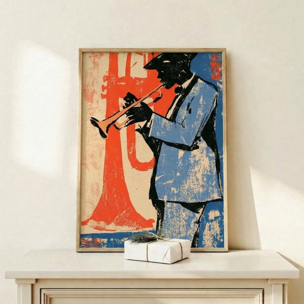 Framed Bauhaus-style poster featuring a cool silhouette of a musician playing trumpet against geometric shapes in vibrant blues and warm oranges.