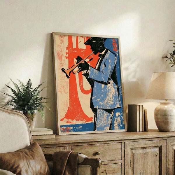 Vintage pop art print of a jazzy trumpeter rendered in striking black outlines with cream, cobalt, and red-orange accents, wall art with nostalgic flair.